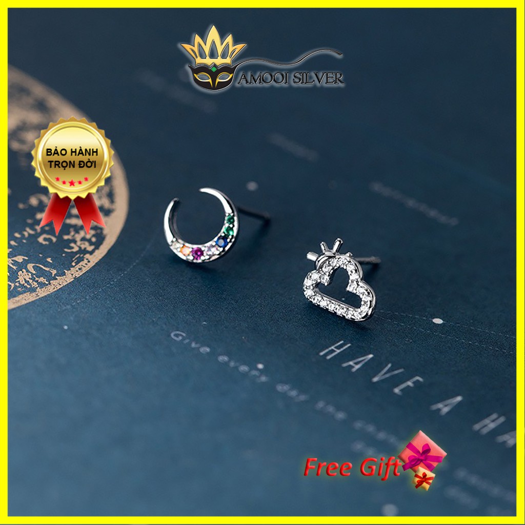 Bông tai bạc S925 mặt trăng đám mây đá ngũ sắc - Amooi Silver AB199