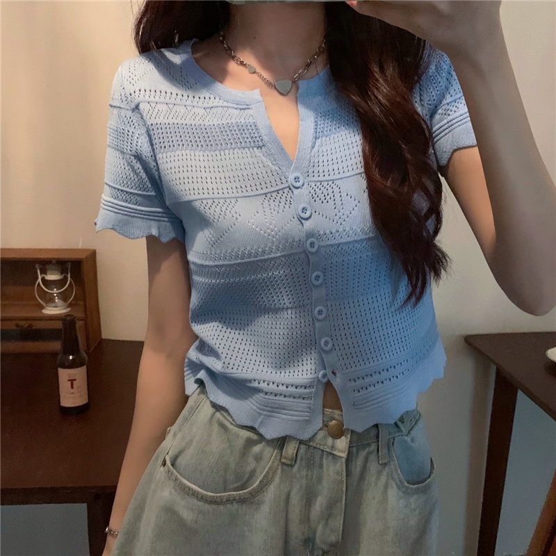 Áo Croptop Dệt Kim Tay Ngắn Phối Ren Thời Trang Cho Nữ