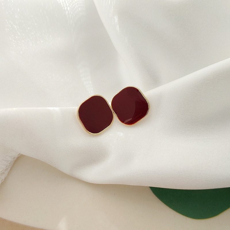 Bông Tai Kim Bạc 925 Hình Vuông Màu Đỏ Rượu Vang Thiết Kế Đơn Giản Thanh Lịch Dễ Phối Đồ