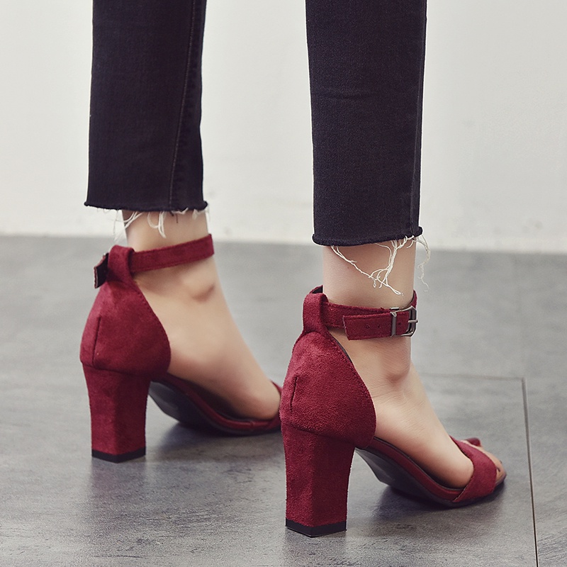 Giày Cao Gót Nữ Đế Thô Màu Đỏ/Đen