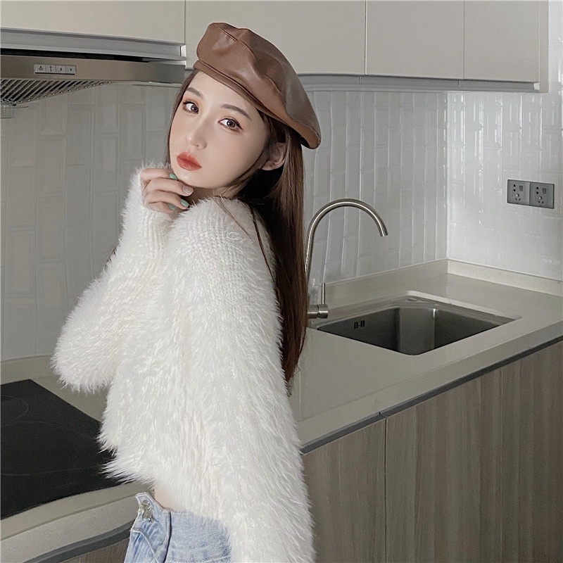 IELGYÁo Khoác Dệt Kim Dáng Rộng Cổ Chữ V Màu Trắng Thời Trang Cho Nữ