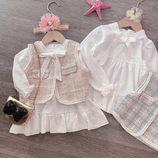 Set Váy Trắng Nơ Cổ Phối Gile Dạ Tweed Tiểu Thư Cho Bé Gái V169 - Unchi Store