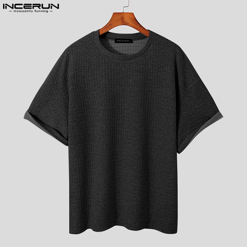 Áo thun INCERUN tay ngắn dáng rộng thoải mái màu trơn thời trang cho nam