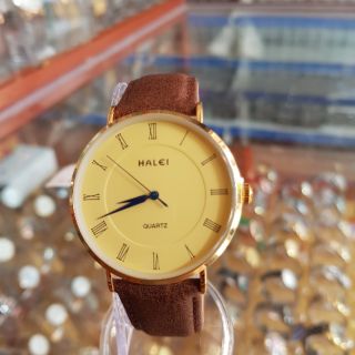 [Đồng Hô Thế Bình ] [FLASHSALE] Đồng Hồ Đôi Nam Nữ Halei 001A Kim Xanh Mặt Trắng Dây Da Nâu Thế Bình