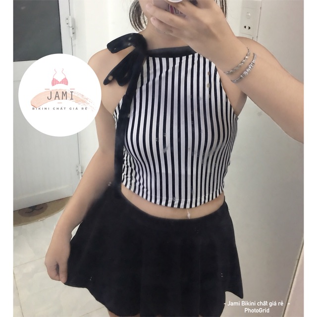 [Mã FASHIONXANH194 giảm 10K đơn 50K] Bikini đồ bơi nữ áo yếm cột nơ phối váy đồ bơi học sinh kín đáo | BigBuy360 - bigbuy360.vn