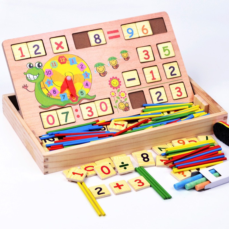 [Đồ chơi giáo dục] Hộp gỗ học toán có que tính và số học, có bảng viết bằng gỗ cho bé Master Kids