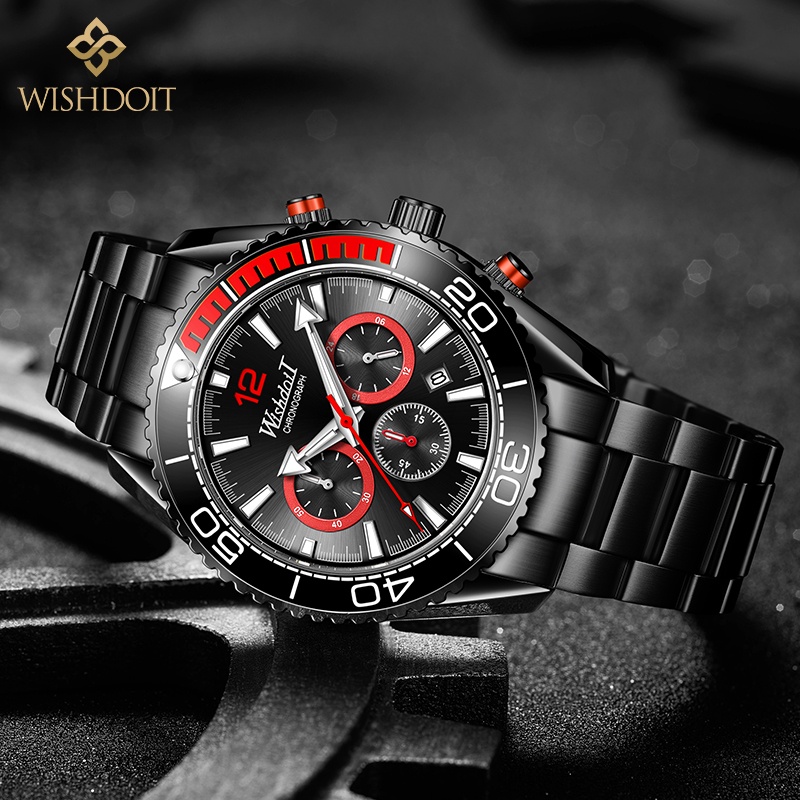 Đồng hồ quartz WISHDOIT dành cho nam chống nước bằng thép không gỉ màu đen dây đeo cao su