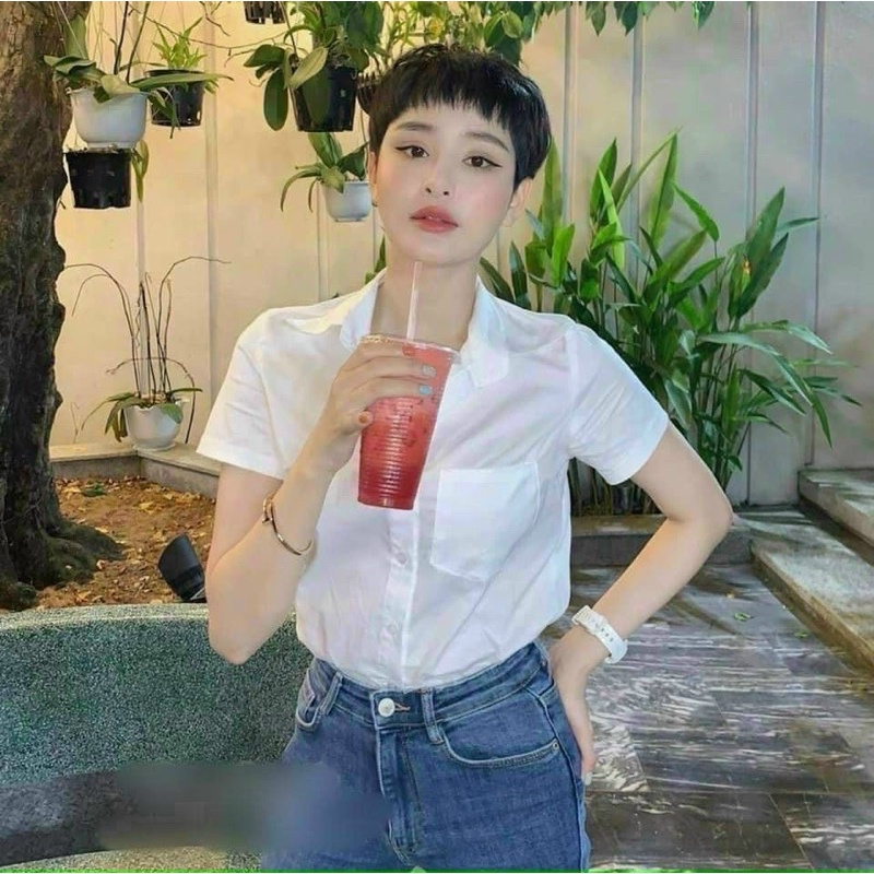 Áo sơ mi GU nữ tay ngắn có cổ màu trắng đủ size