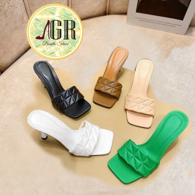 Guốc bản đan phồng X da mềm gót nhọn 6p