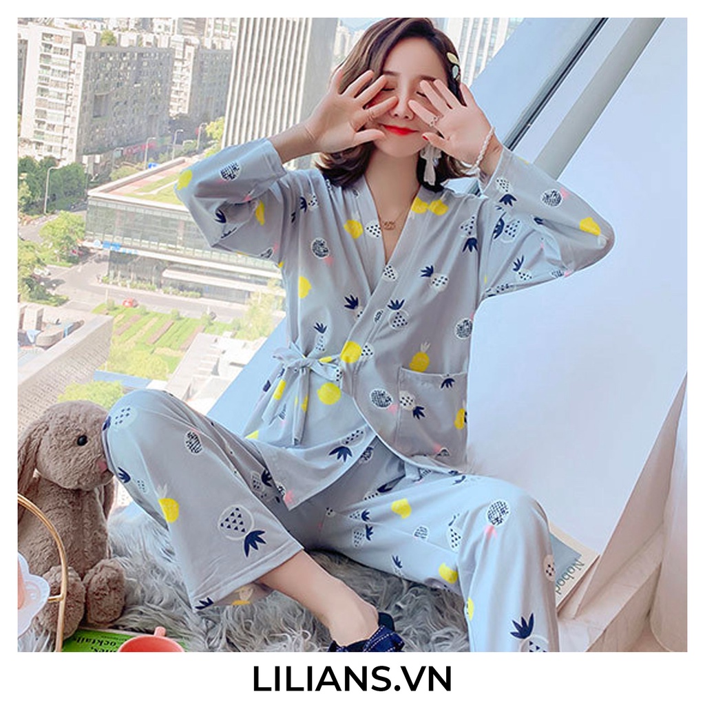 Bộ ngủ Pijama Kimono dài tay hoạ tiết hoa lá dễ thương chất mềm mịn mặc thoáng mát dành cho nữ