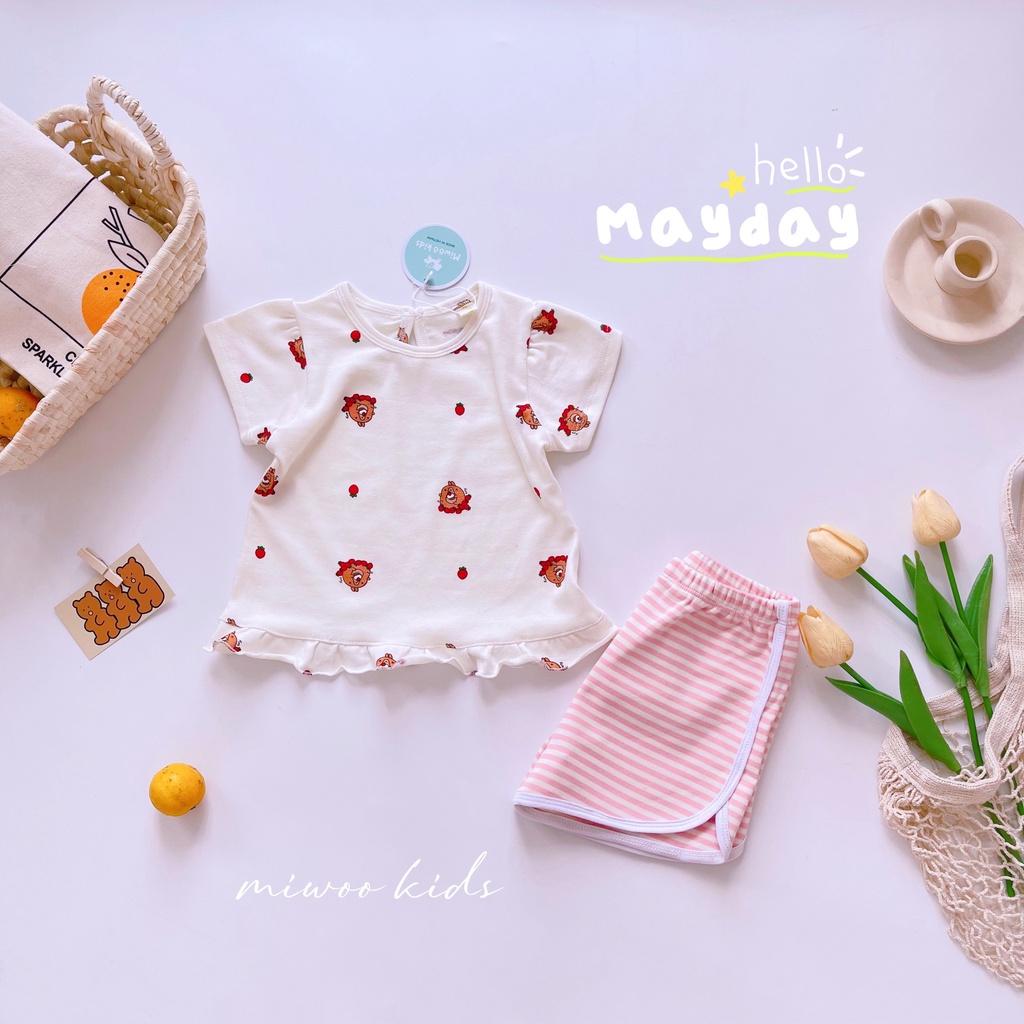 [Bé 7-19kg] Bộ ngắn tay cổ viền bèo quần sọc dệt Bozip mềm mịn xinh xắn cho bé gái