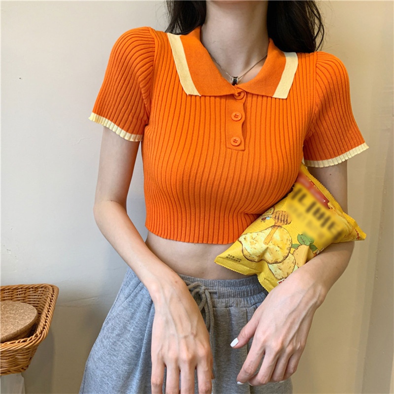 Áo Thun Dệt Kim Mỏng Cổ Bẻ Viền Màu Khối Thời Trang Mùa Hè Cho Nữ