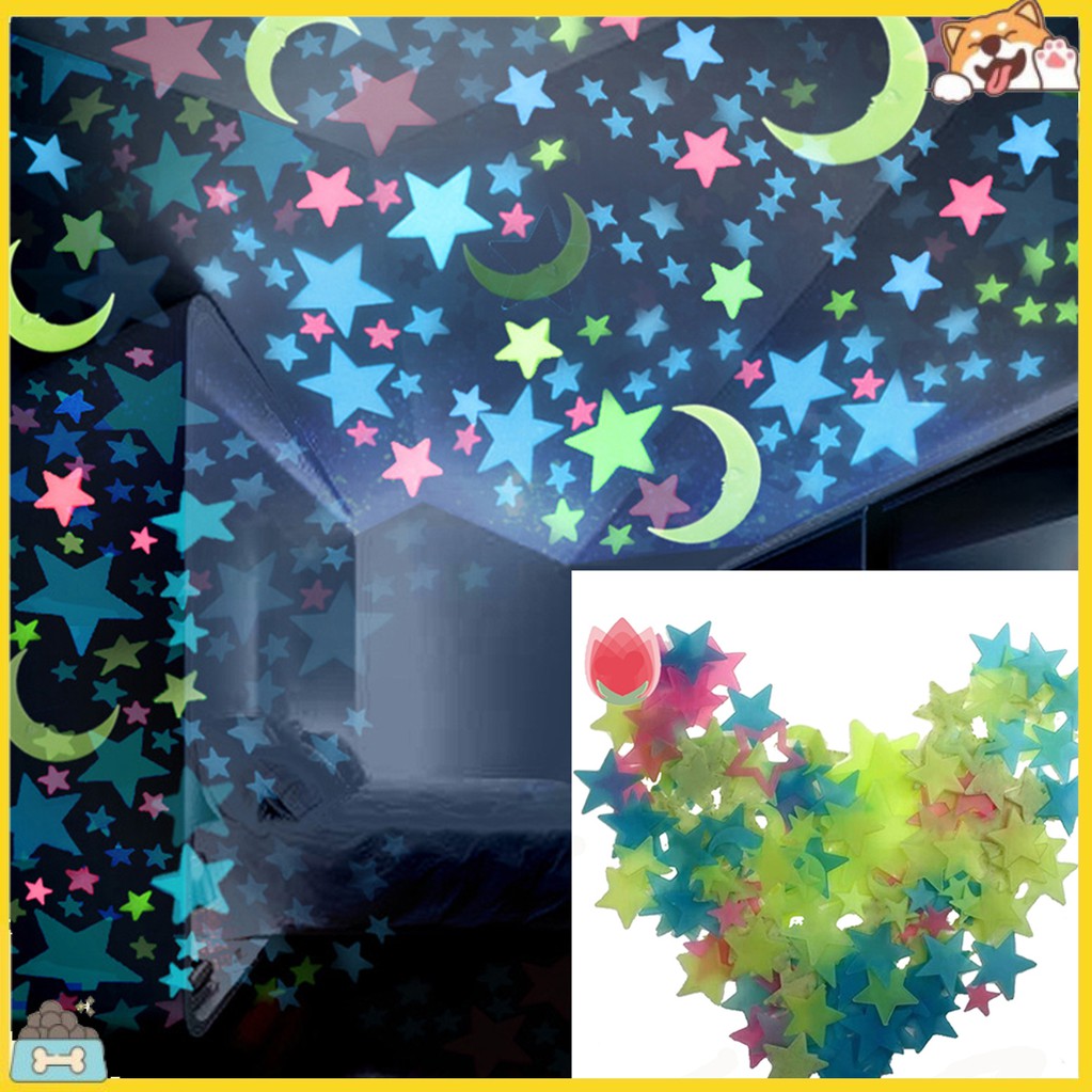 100 miếng dạ quang hình trăng sao trang trí phòng ngủ cho bé kích thước 2.6cm