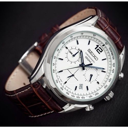 Đồng hồ Nam Seiko Chronograph SSB095P1 dây da, mặt kính Hardlex Crystal (Kính Cứng)