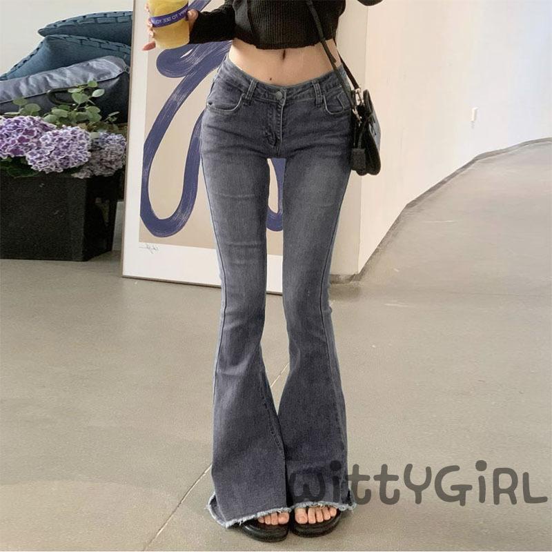 Quần jeans dài ống loe lưng thấp màu sắc đơn giản thời trang cho nữ