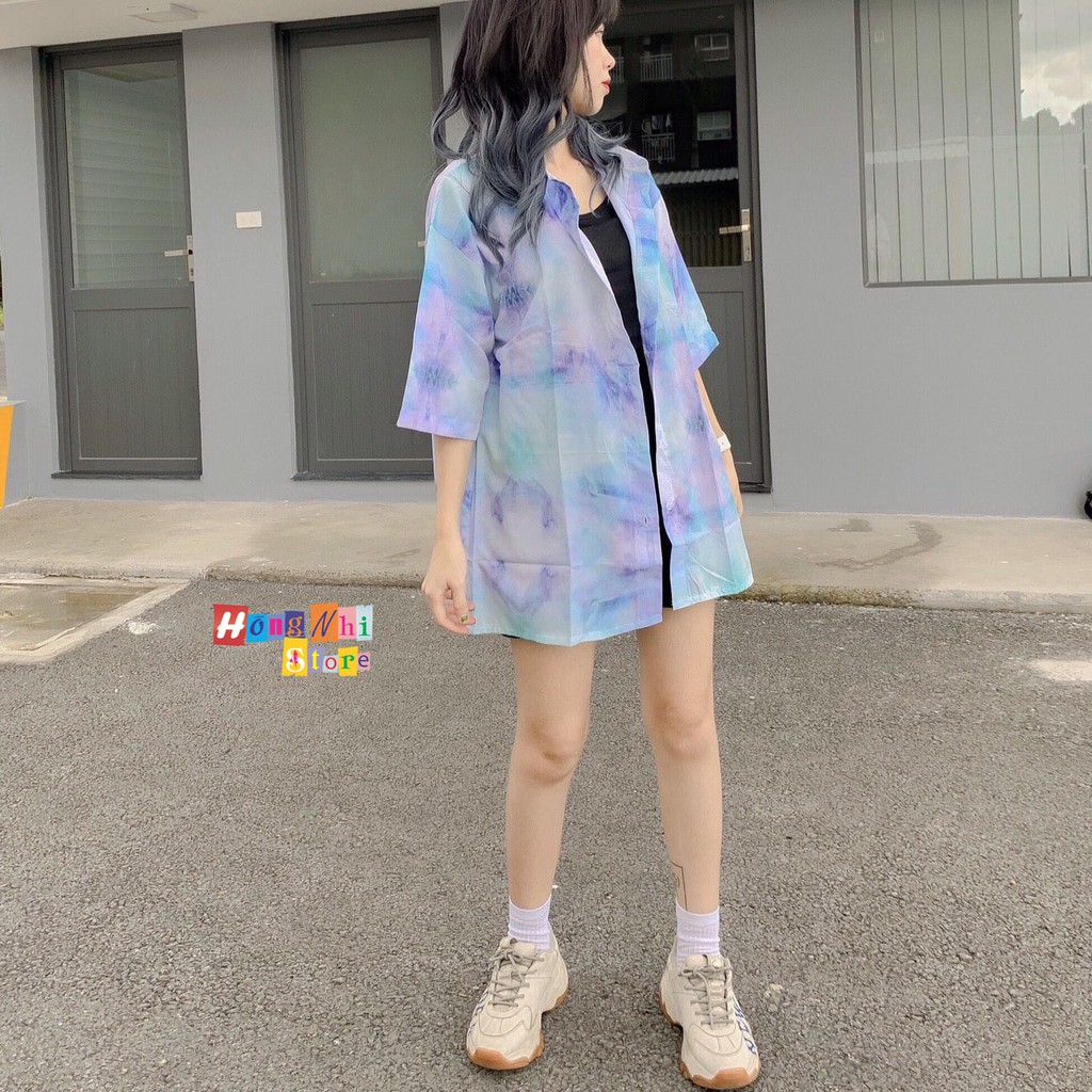 Áo Sơ Mi Họa Tiết Loang Màu Tay Lỡ Dáng Rộng Ulzzang Unisex, Sơ Mi Đi Biển - MM