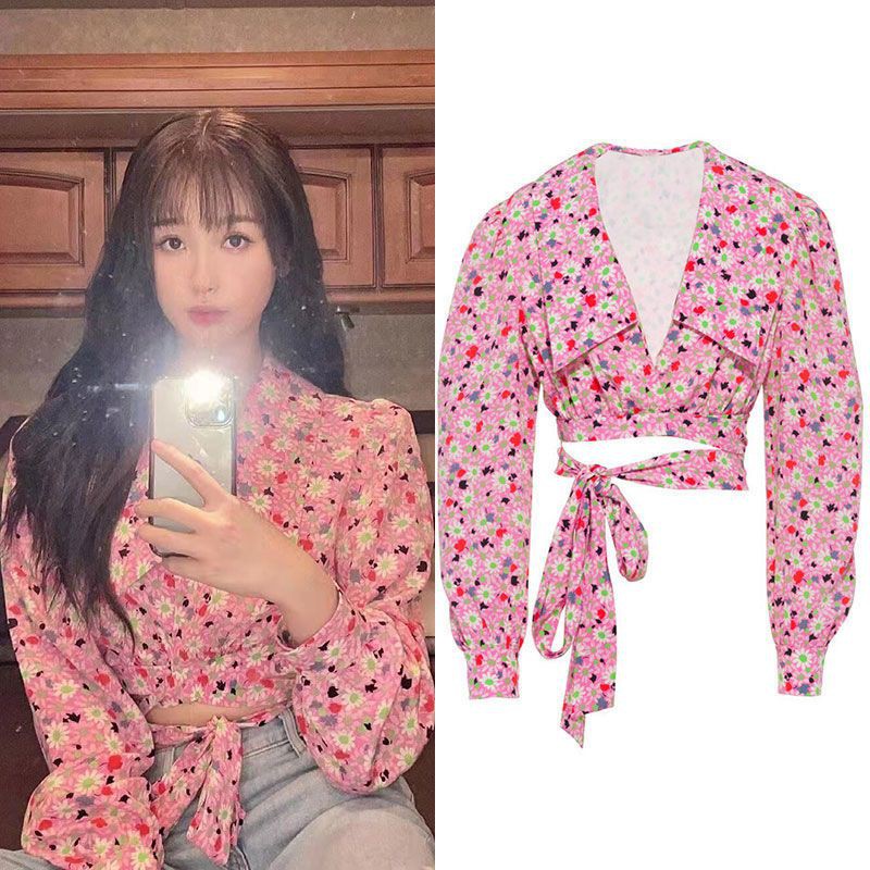 [HÀNG ORDER] Áo kiểu blouse dáng croptop màu hồng họa tiết hoa nhí giống Cúc Tịnh Y và Esther Thư Hân (ảnh thật)