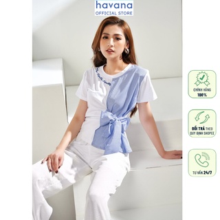 Áo thun nữ cổ tròn Havana Áo thun phối kẻ buộc nơ