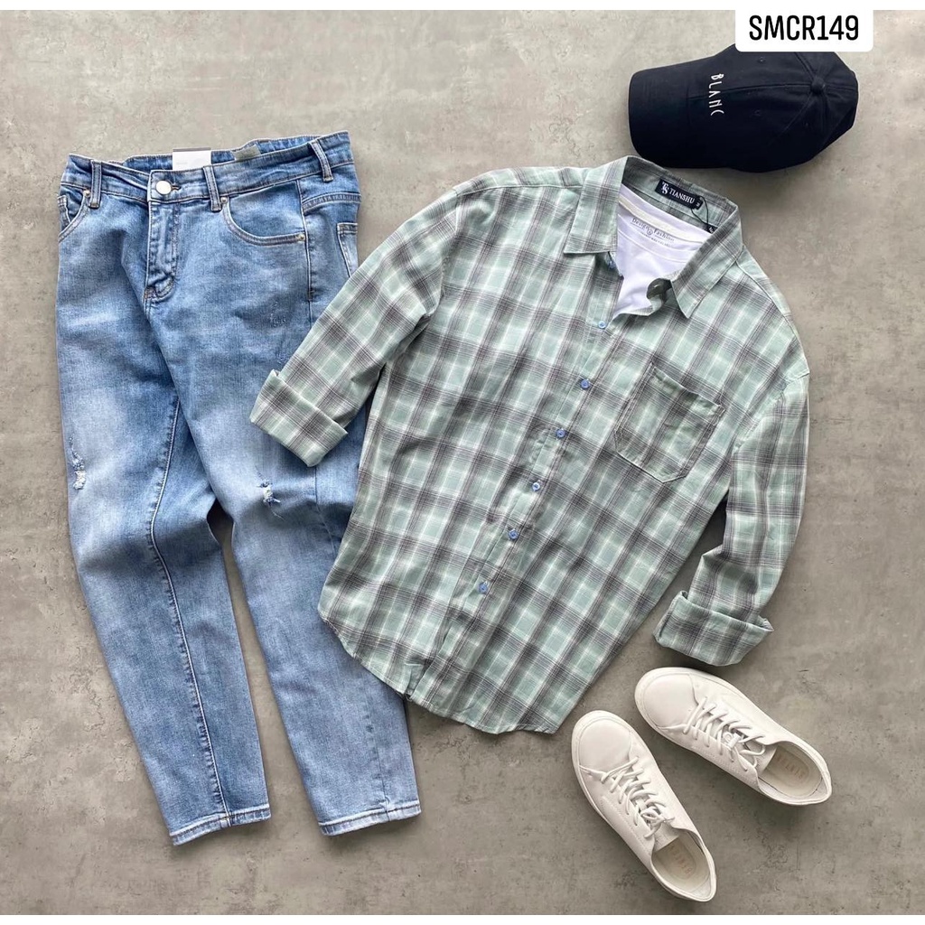 Áo Sơ Mi Nam Mẫu Caro Xanh Tươi BEACON DENIM Form Vừa SMCR149
