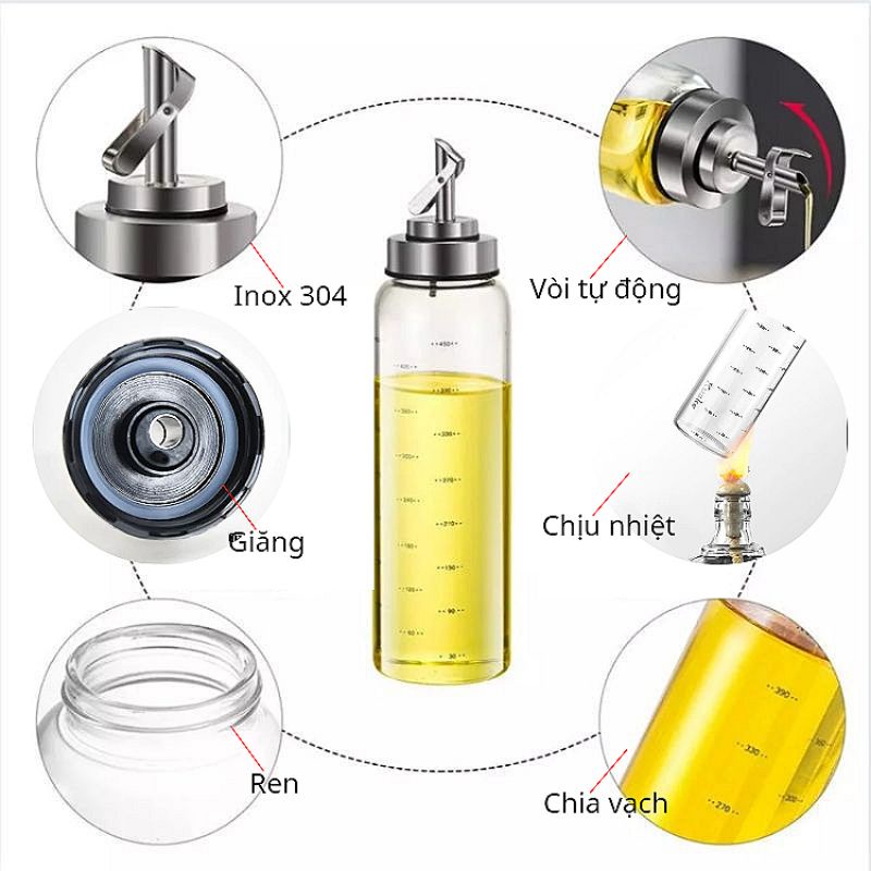 Chai Thủy Tinh Đựng Nước Mắm Vòi Thép Tự Động Chia Vạch 160ML đến 500ML Trong Nhà Bếp