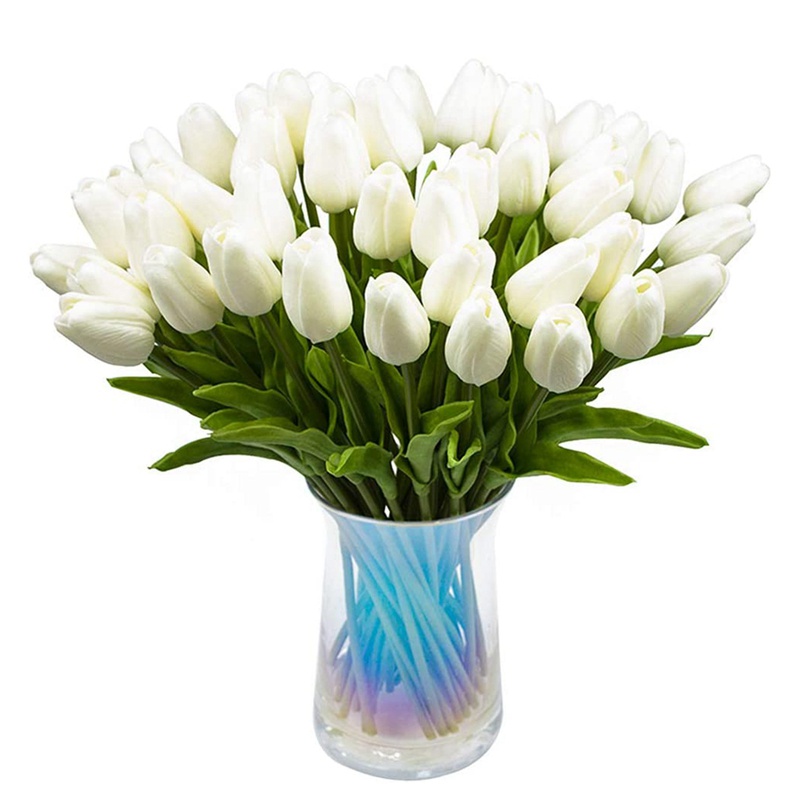 30 cái Hoa Tulip nhân tạo Hoa Tulip cảm ứng thực sự Hoa Tulip giả Hà Lan PU Bó hoa cao su Hoa Tulip trắng