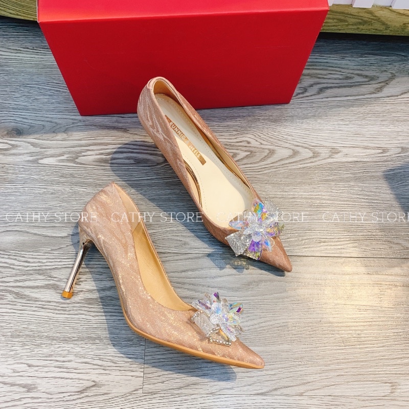 Giày cao gót hoa đá QC full box