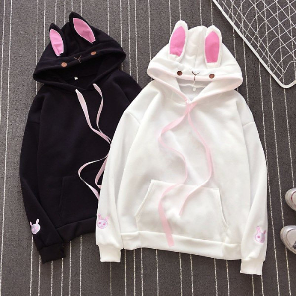 Áo Hoodie Dài Tay Dáng Rộng Phối Tai Thỏ Đáng Yêu Theo Phong Cách Nhật Bản