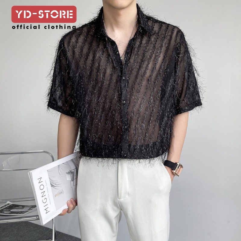 Áo Sơ Mi Tay Ngắn Phối Ren Lưới Rỗng Trong Suốt Tua Rua Lông Vũ Dành Cho Biểu Diễn Tiệc Tùng Hộp Đêm Nam