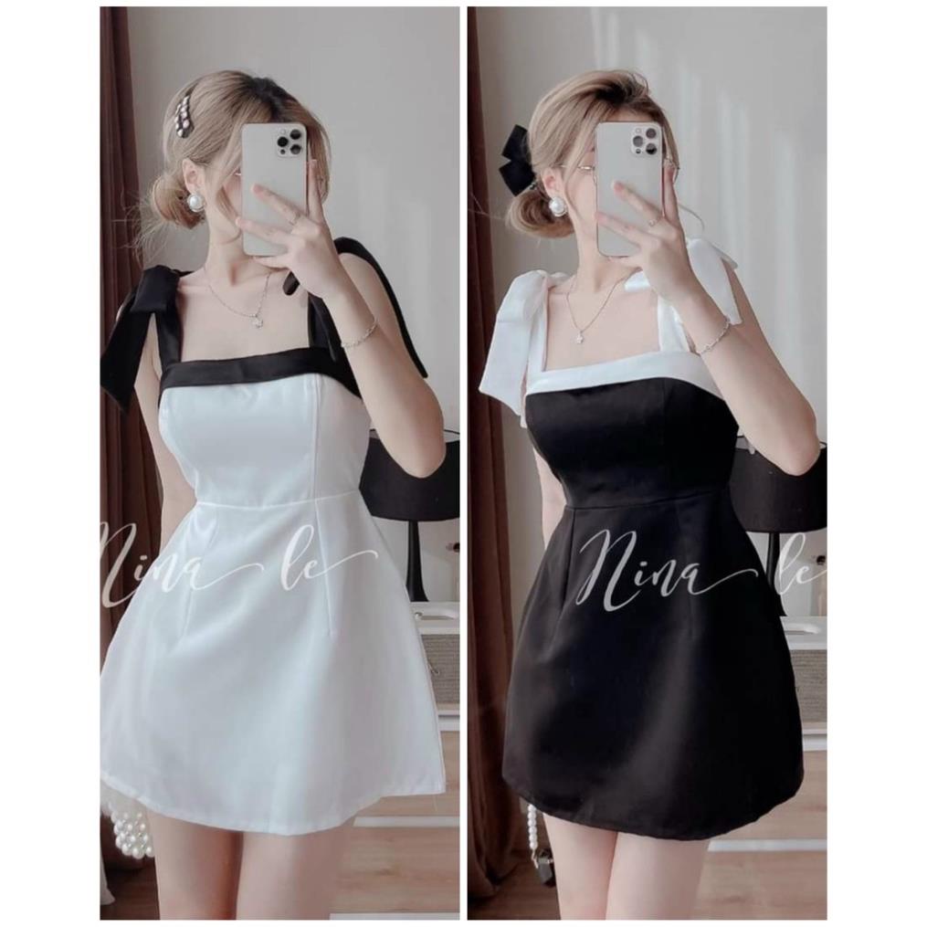 TSL váy ngắn dáng xòe mini 2 dây thắt nơ vai dịu dàng đen trắng dự tiệc nina lê