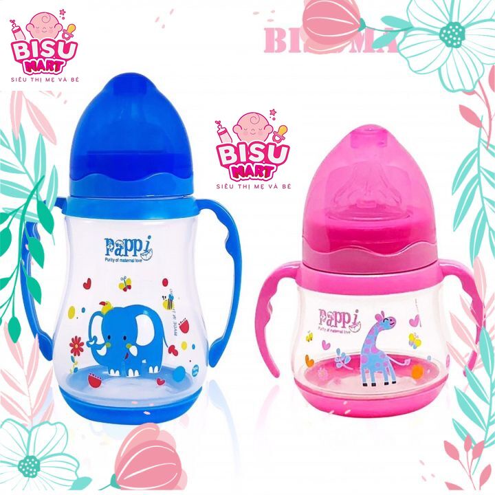 COMBO 2 Bình Sữa cổ rộng tay cầm nhựa PP Pappi 150ml và 250ml Thailand