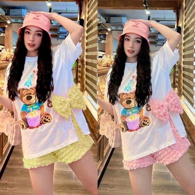 SET/BỘ ÁO PHÔNG HÌNH GẤU XẺ TÀ SƯỜN GẮN NƠ XỐP Ô MIX QUẦN SOOC XỐP Ô CẠP CHUN ỐNG RỘNG HOT