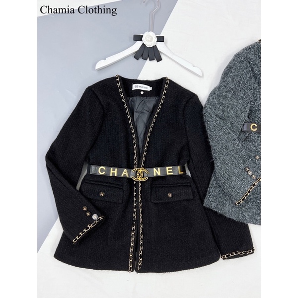 Áo khoác len lông viền xích Hàn quốc kèm đai | BigBuy360 - bigbuy360.vn