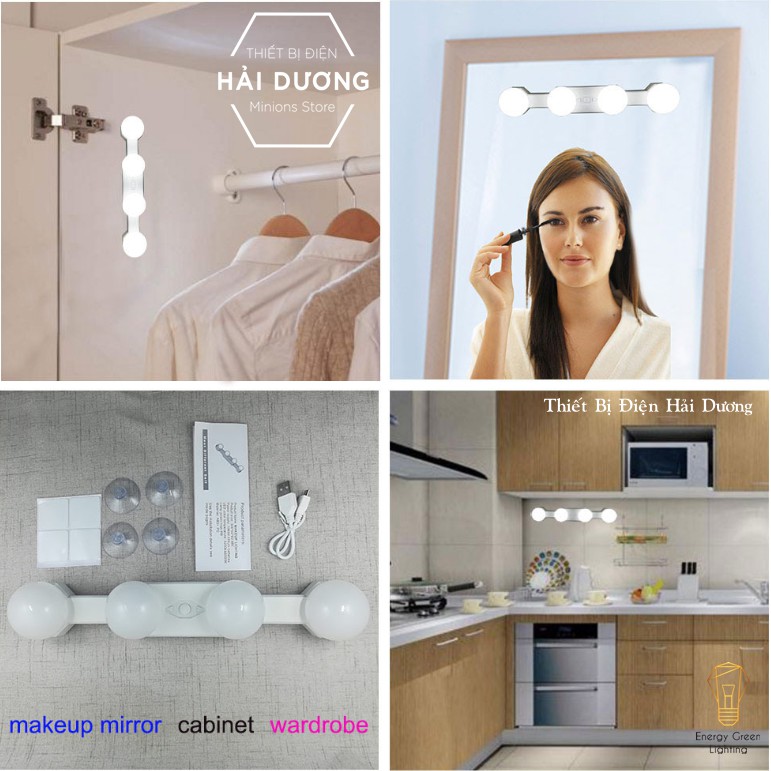 Bộ 4 bóng đèn led dán gương trang điểm nhà tắm chiếu sáng tiện lợi BL-033 - Có video thực tế - Bảo hành 1 năm