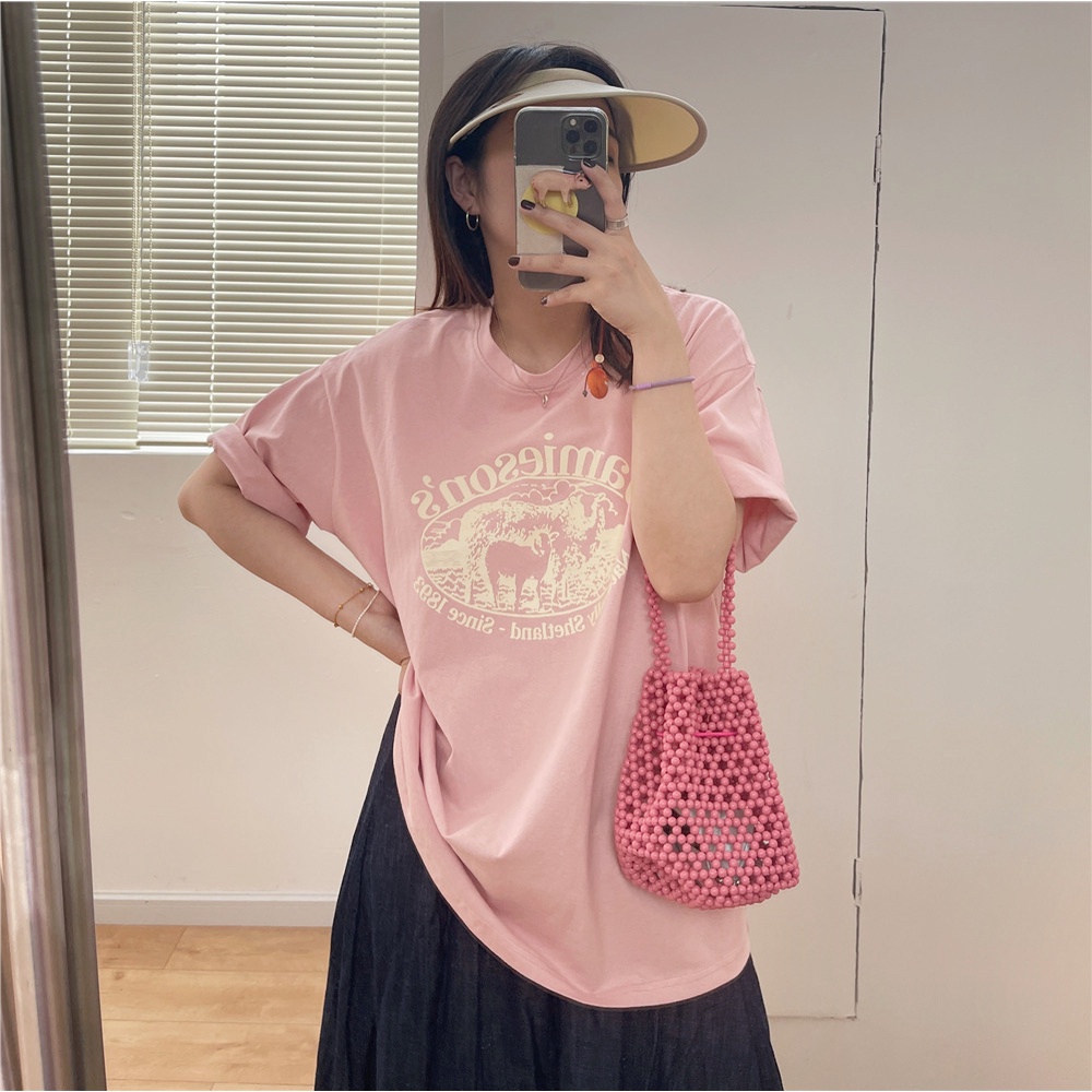 Áo thun cổ tròn tay ngắn dáng rộng in họa tiết phong cách Hàn Quốc cổ điển thời trang dành cho nữ với 5 màu tùy chọn