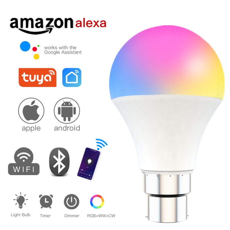 Bóng đèn thông minh điều chỉnh độ sáng kết nối Wifi sử dụng app Tuya (Smart Life) đui E27/B22 tương thích Google Home, AlexaSmart Wifi Bulb Dimming Light Bulb 9W RGBCW Smart Light Bulb Voice Control Work With Alexa Google Home