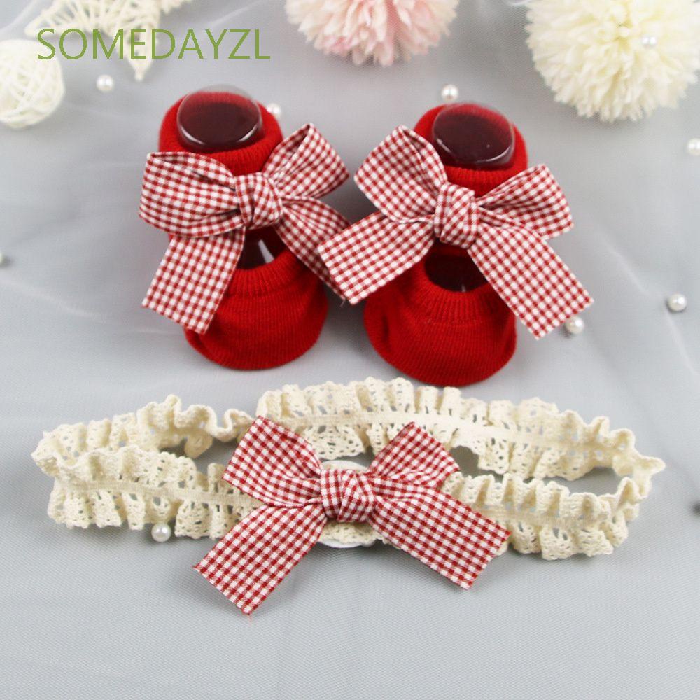 Set đôi tất cotton mềm chống trượt đính nơ và băng đô dễ thương cho bé gái sơ sinh