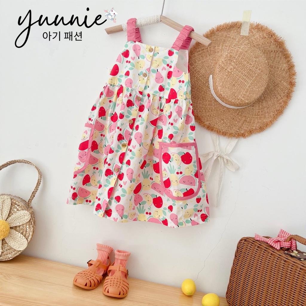 Váy bé gái YUUNIE trắng phối họa tiết hồng 2 dây bản vai túi viền cho trẻ em 3,4,5,6,7,8,9,10 tuổi