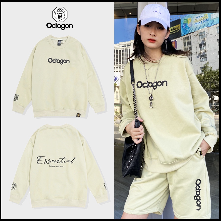 Áo Sweater Form Rộng OCTAGON ESSENTINAL Nỉ Bông Màu Xanh Đậu