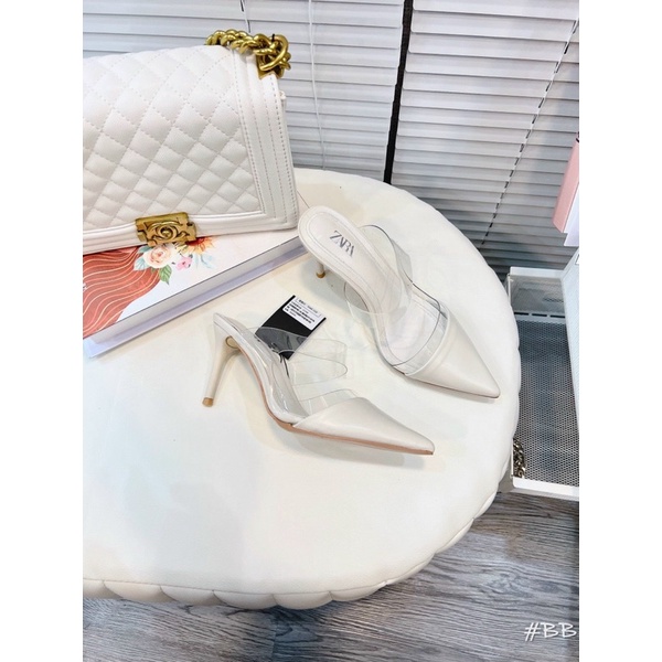 Giaỳ Guốc Zara Quai Trong trắng Gót nhọn 7p Mềm Êm Fullbox Hãng Cao Cấp.