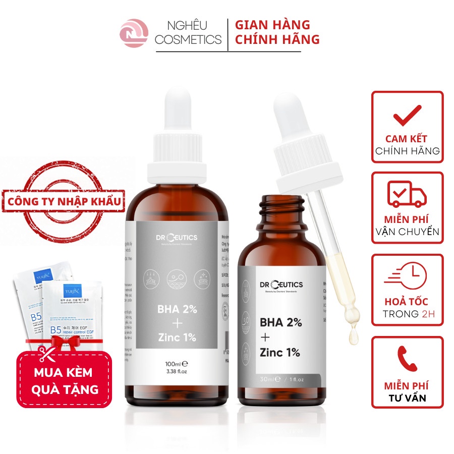 DrCeutics BHA 2% + ZinC Tinh Chất Giảm Mụn Và Làm Mờ Thâm Sau Mụn, Ngăn Mụn Mới Nhập Khẩu Chính Hãng