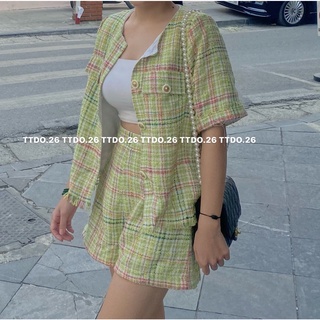 Set áo khoác dạ tweed tay ngắn mix quần short cạp cao siêu xinh - Ảnh thật