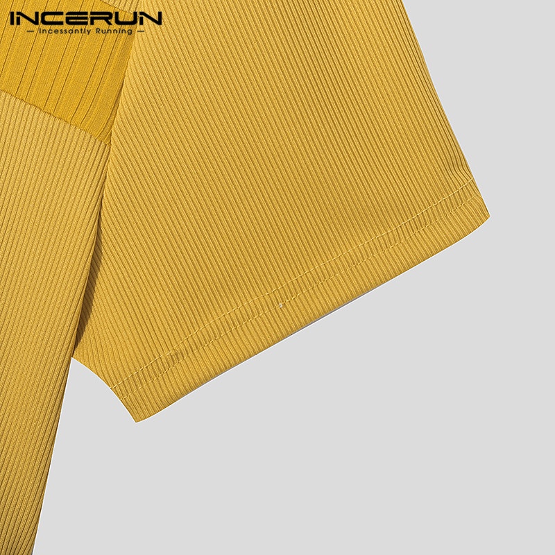 Áo thun Incerun dệt kim tay ngắn màu trơn cá tính cho nam