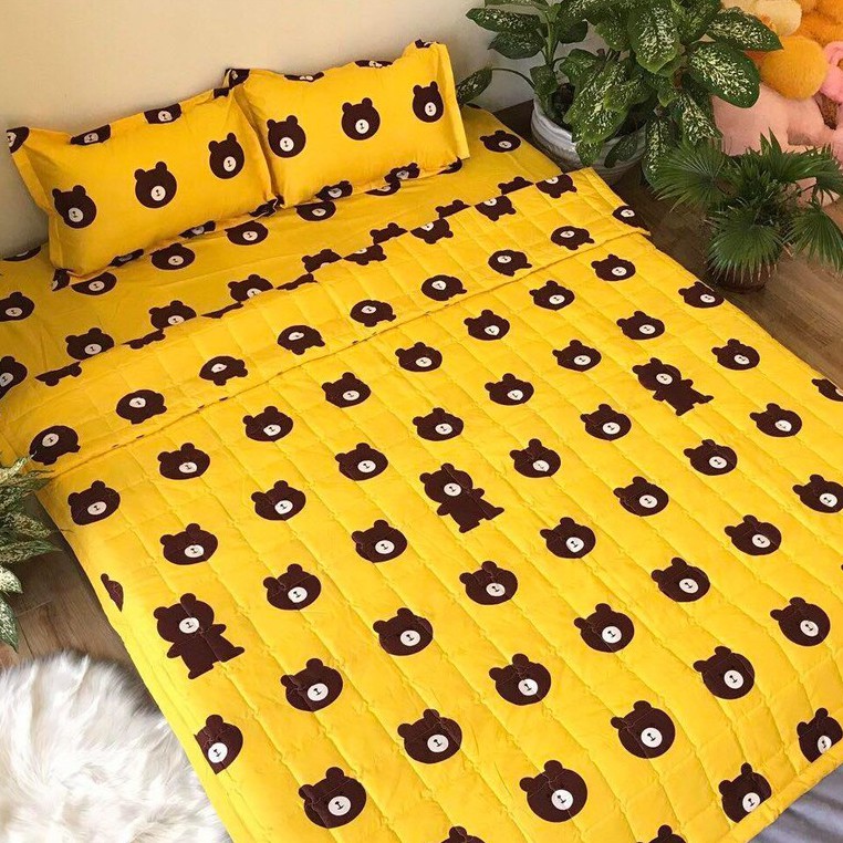 Sét Chăn Ga Gối 5 Món Cotton Poly Emmidecor Mẫu Gấu Vàng