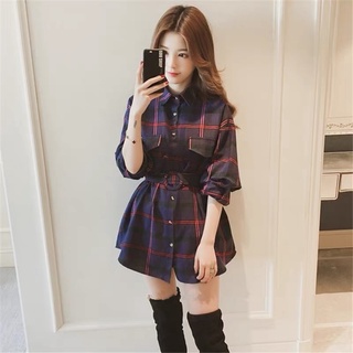 Áo váy sơ mi thắt eo nữ sọc kẻ