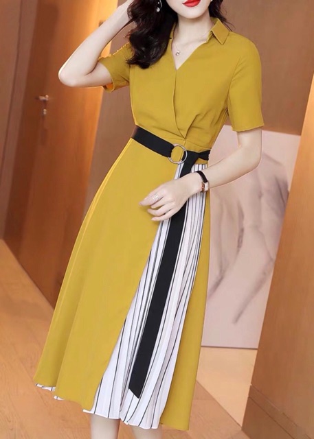 Đầm váy midi vàng phối sọc