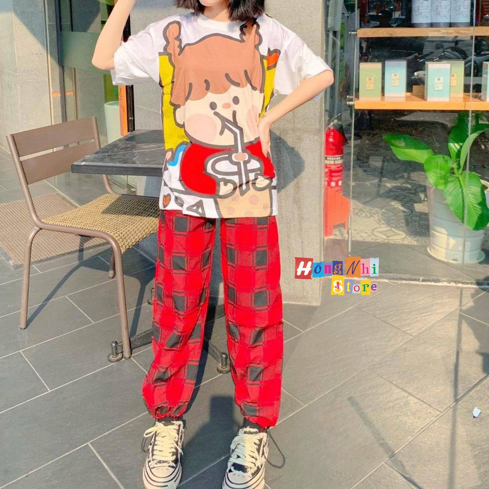 Quần Caro Dài Dây Rút Lai Màu Đỏ Ống Rộng Chun Thun Bo Lai Nam Nữ Unisex Culottes Ulzzang - MM