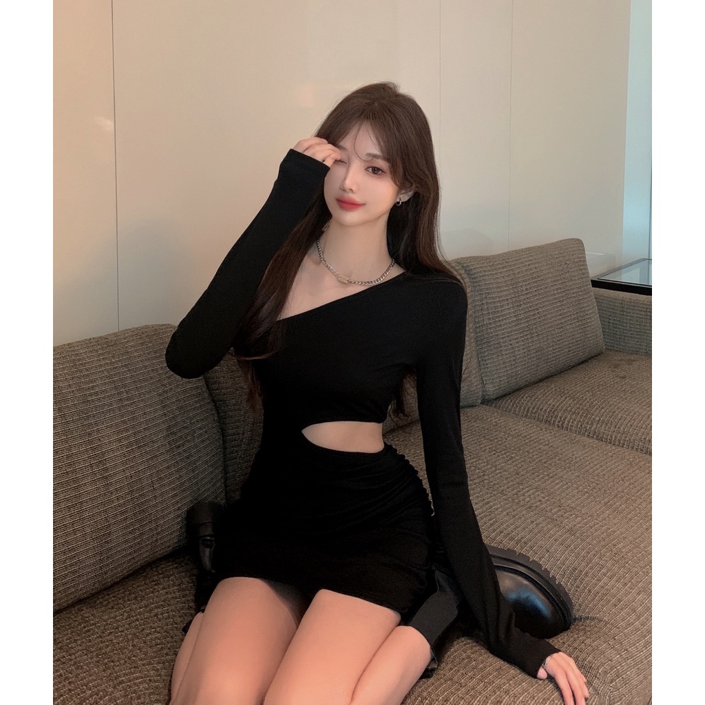 DUNEA Đầm Dài Tay Lệch Vai Màu Sắc Trơn Thời Trang Dành Cho Nữ