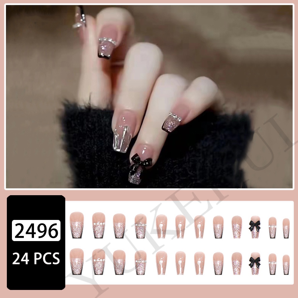 2496 bộ móng tay giả set móng giả trong suốt móng tay giả đính nơ móng tay giả dài vuông set 24 móng tay giả  móng giả thiết kế  Bướm đen Pháp