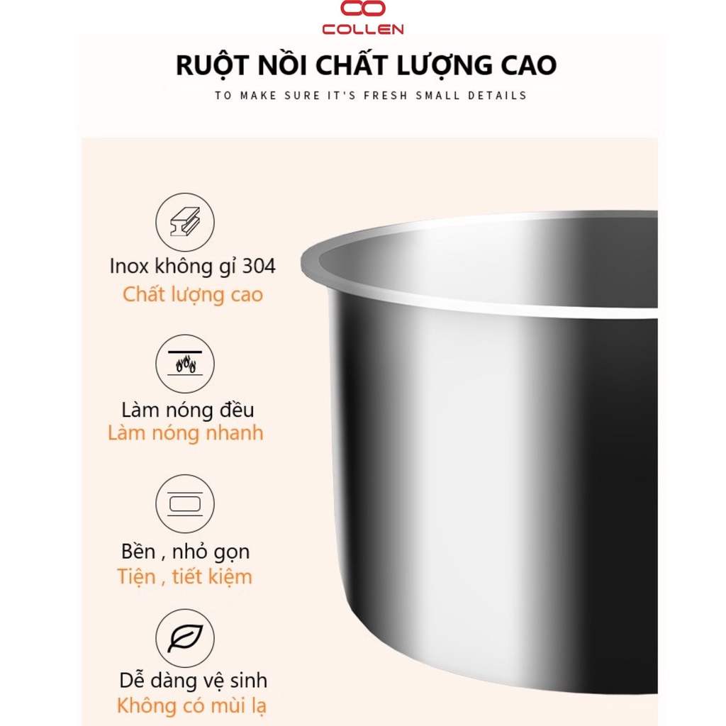 hộp cơm cắm điện văn phòng 2 tầng 4 ruột nồi inox có thể nấu ăn, giữ nhiệt, hâm nóng, hộp cơm 6in1 COLLEN LIFE