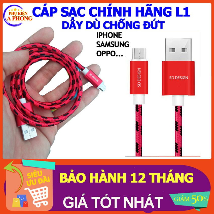 [Giá sỉ] Cáp sạc chính hãng SD DESIGN L1 dòng điện 2A,chống đứt đầu dây dù, ổn định dòng điện, bảo hành 1 năm